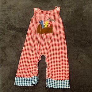 Red Embroidered Gingham Kids Overalls Romper with Tool Print